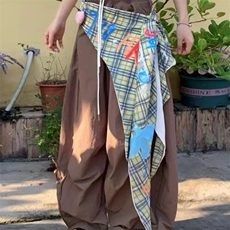 复古辣妹格子屁帘拼接设计感阔腿裤女夏宽松褶皱工装伞兵裤，女装休闲裤，星座1210-1