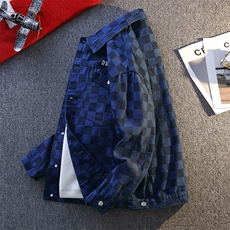 棋盘格翻领牛仔夹克美式复古风男春秋宽松外套JA3710-特价P55，男装夹克，电商A007