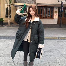 2C291墨绿色长款羽绒服羊毛拼接YRF3133-P295-K499，女装羽绒服，2C291