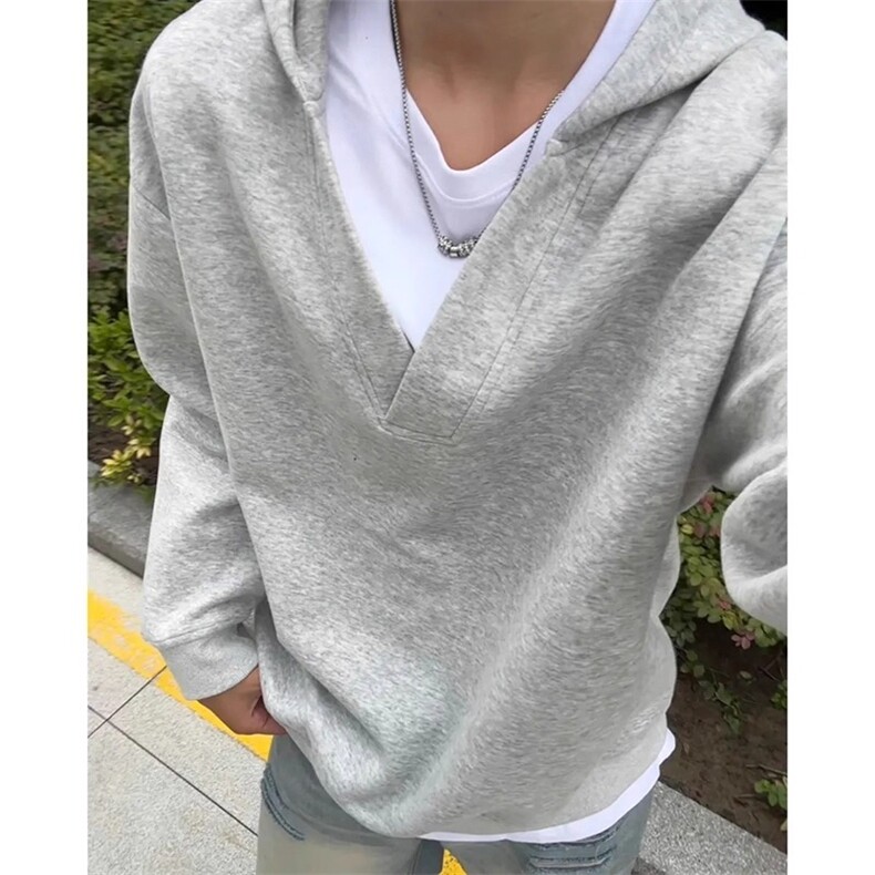 浅灰色美式cleanfit连帽卫衣男秋春季短款高克重磅假两件v领外套,女装短外套,星座506A