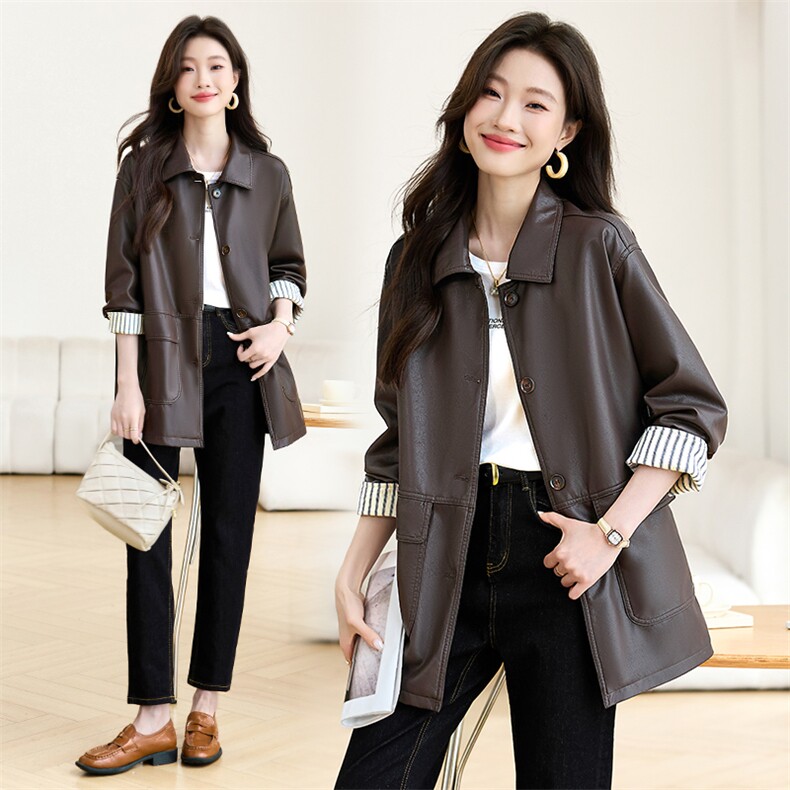 皮衣外套女2025开春新款高级感超火休闲酷飒风黑色中长款pu皮夹克，女装皮衣，贵人树