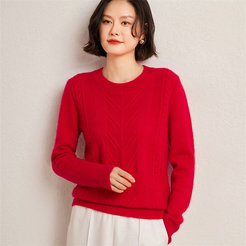 秋冬季35%羊绒65%羊毛休闲百搭7针麻花圆领羊绒衫，女装羊绒衫，广悦羊绒