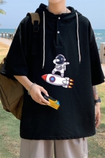 LD54158-P45连帽短袖t恤男大码胖子带帽五分袖中袖，男装T恤，电商A040