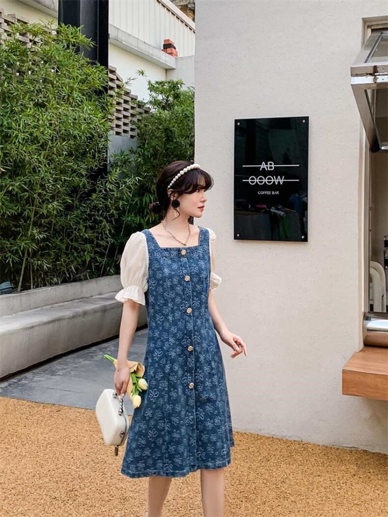 夏季新款工艺牛仔拼接连衣裙，女装连衣裙，蕃米莉