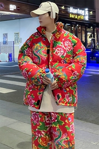 H203情侣东北大花风民族风特色牡丹大花棉袄加绒裤套装男女图片