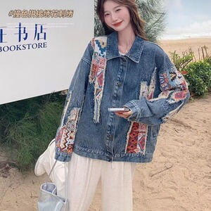 拼接印花牛仔外套短款翻领夹克上衣 网图 WJ3640-P70图片