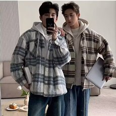 格子毛呢连帽外套男短款2025秋冬潮牌复古格子外套男休闲情侣夹克，男装夹克，星座1210-1