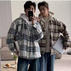 格子毛呢连帽外套男短款2025秋冬潮牌复古格子外套男休闲情侣夹克图片
