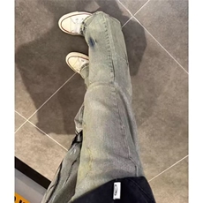 潮牌时尚炸街裤子男款美式高街火焰黄泥直筒牛仔裤夏季薄款微喇裤，男装牛仔裤，星座516A