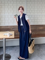 休闲马甲女夏季新款小香风减龄阔腿裤T恤三件套，女装套装/套裙，秀美人生