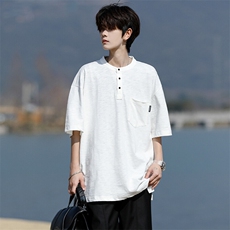 8XL-M亨利领亚麻短袖t恤男弹力大码宽松半袖开衩设计体恤DT002P45，男装T恤，电商B312