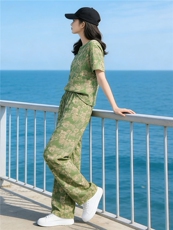 韩版时尚潮流套装女夏季新款个性简约圆领印花上衣阔腿长裤两件套，女装套装/套裙，江南