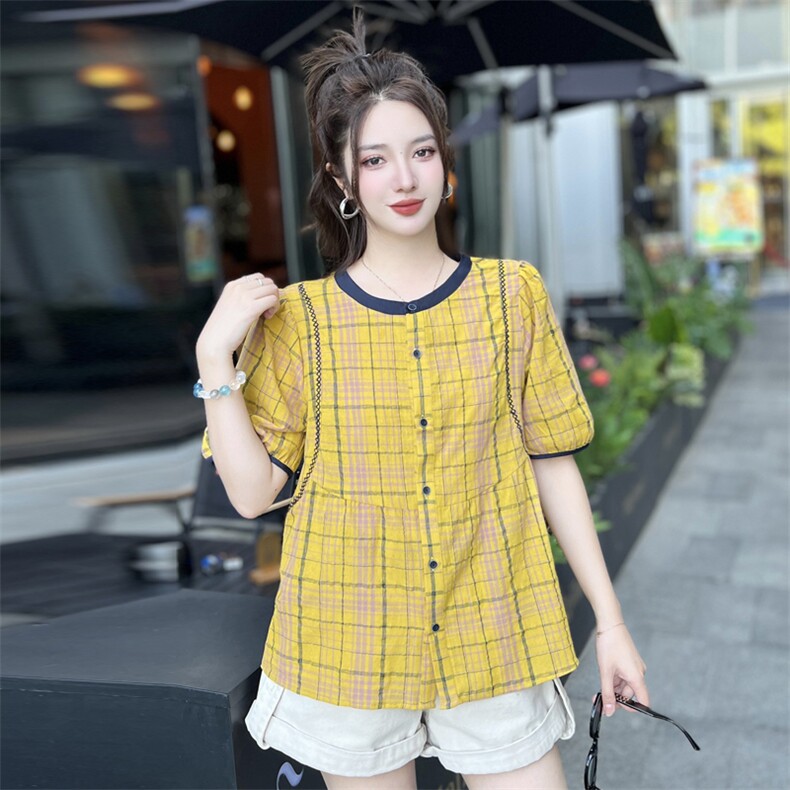 现货2025夏季新款时尚简约洋气格子领撞色短袖衬衫，女装衬衫，深水步