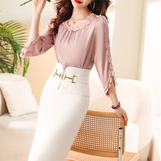 气质荷叶边半身裙女春秋2025新款显瘦高腰包臀一步裙中长款职业裙，女装套装/套裙，卡杰菲