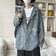 牛仔外套男秋冬季美式高街vibe宽松休闲水洗做旧潮牌痞帅西服夹克，男装西服，星座410-7