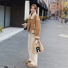 独特超好看皮毛一体羊羔毛外套女秋冬2024新款加绒机车服夹克上衣，女装羊羔毛/颗粒绒，浙宝069