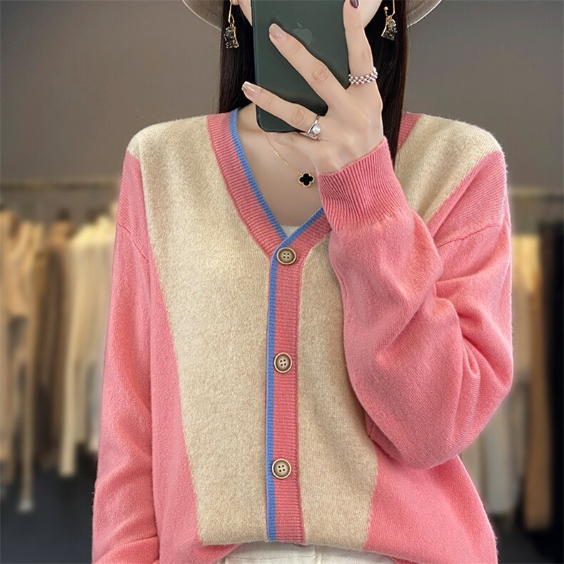 拼色V领100%纯羊毛开衫女25秋冬新款宽松羊绒衫外套长袖针织毛衣,女装羊毛衫,琳尚羊绒