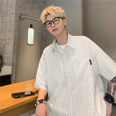 港风24条纹冰丝垂感透气短袖衬衫男女情侣衬衣薄外套上衣S312P48，男装T恤，电商A233-1