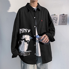 2021秋季新款港风百搭猫咪印花大码休闲男衬衫C519-P45，男装衬衫，电商A001