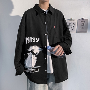 2021秋季新款港风百搭猫咪印花大码休闲男衬衫C519-P45,深圳秋季穿搭男图片
