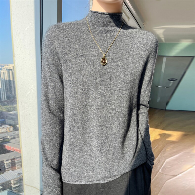 卷边半高领100%纯羊毛衫女长袖针织衫毛衣秋冬宽松羊绒衫打底上衣,针织衫/毛衣,昭美羊绒