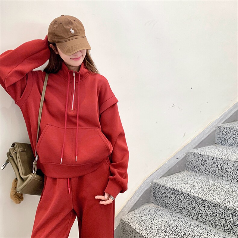 韩系慵懒chic红色休闲运动套装女2025春秋新款卫衣阔腿长裤两件套,女装套装/套裙,2C317A