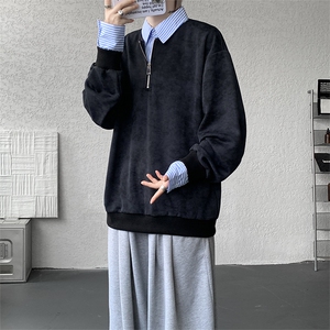 新款假两件条纹拉链衬衫领休闲春款卫衣 高街休闲学院卫衣 特P50图片