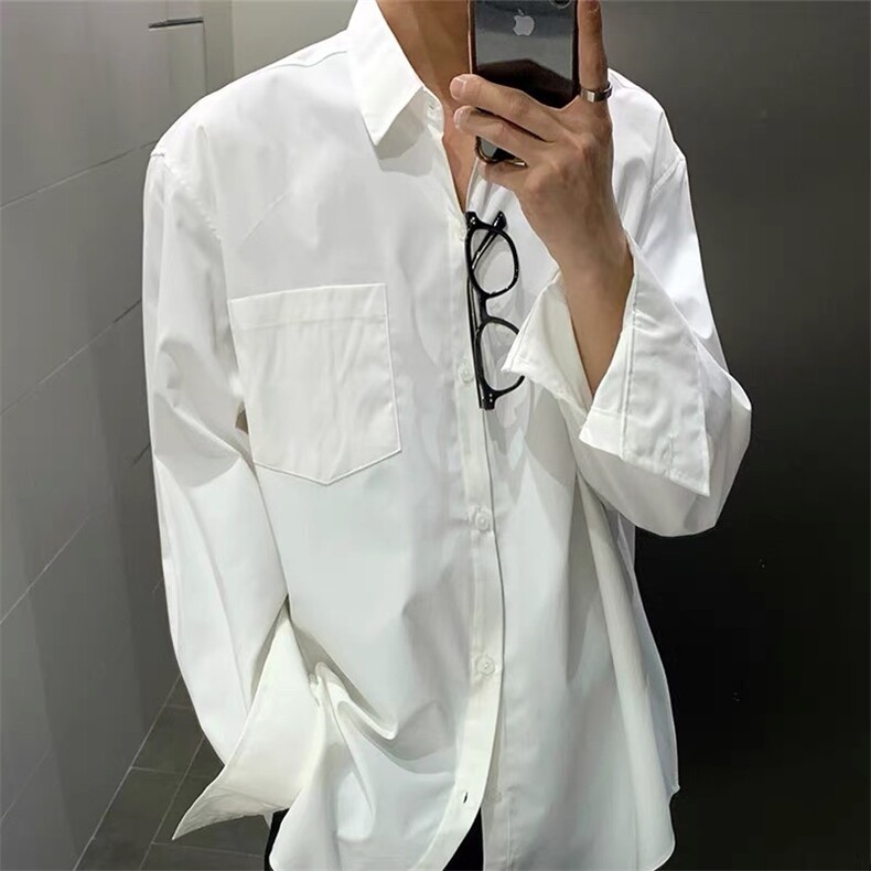 网络图CS372#口袋长袖衬衫黑色白色M-3XL原版高质量P20,男装衬衫,星座506A