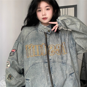 JK8899-P65 美式机车风牛仔外套男水洗做旧潮牌炸街刺绣图片