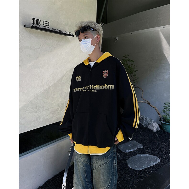 美式hiphop撞色拼接字母印花拉链连帽卫衣男女宽松运动开衫外套潮,男装卫衣,星座410-7