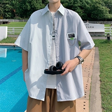 高品质全棉冰丝条纹短袖衬衫港风撞色衬衣XCS222-特P29控58，男装T恤，电商B370