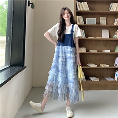 网纱拼接蛋糕牛仔背带连衣裙套装女夏2025新款气质感独特漂亮裙子，女装套装/套裙，2C115