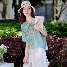 复古印花天丝棉麻衬衫女2025夏薄款v领宽松显瘦休闲宽松苎麻衬衣，女装衬衫，魅影