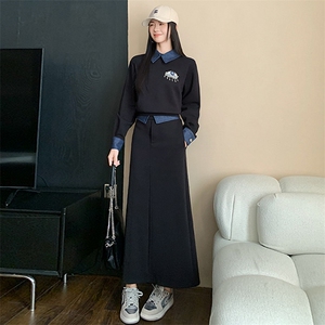 【五季家】现货直降活动特价清仓大码胖mm显瘦套装女撞色衬衣半裙图片