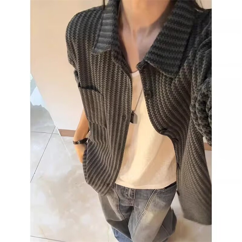 宽松条纹长袖衬衫男女百搭高级感日系打底翻领衬衣休闲潮CSX49,男装T恤,星座516A