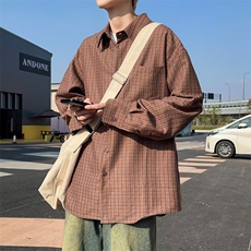 磨毛格子衬衫外套男春秋长袖宽松慵懒风男生复古外穿衬衣C907/P52，男装衬衫，星座506