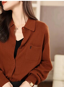 现货秋季新款休闲风Polo领针织衫复古刺绣长袖上衣女图片