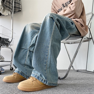 高街vibe潮牌宽松直筒牛仔裤男做旧复古褶皱拖地长裤H0121-P45图片