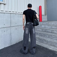 破洞牛仔裤男高街时尚潮牌乞丐裤破坏感小众宽松长裤子潮A143/P52，男装牛仔裤，星座506