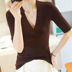 气质V领短袖羊绒衫女薄款半袖修身显瘦羊毛针织五分袖T恤打底衫，女装针织衫/毛衣，百纯羊绒