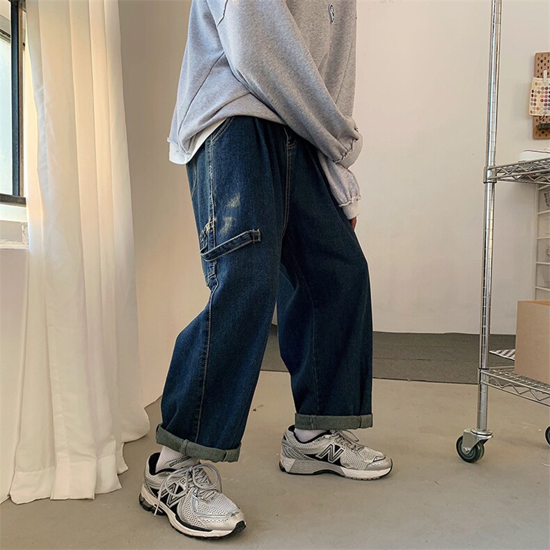 春季港风文艺工装日系宽松休闲口袋男牛仔裤坠感直筒阔腿裤老爹裤,男装牛仔裤,星座302B