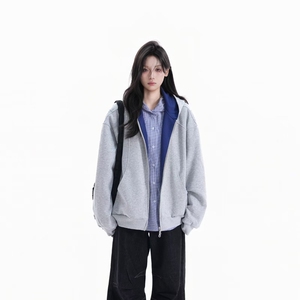 美式复古重磅衬衫假两件卫衣外套女春秋2025新款开春宽松拉链开衫图片