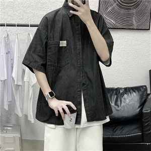 新款ins牛仔短袖衬衫男夏季薄韩版潮流宽松衬衣外套bf W791-P40图片
