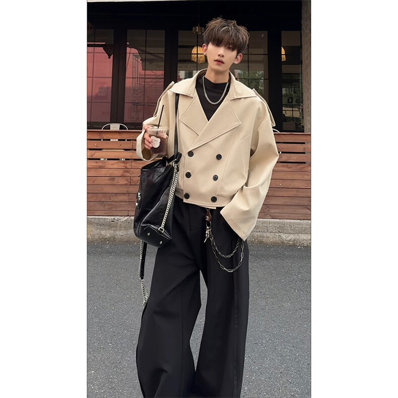 日系文艺双排扣复古短款外套经典短款休闲精致上衣外套HY802P80，男装风衣，电商A102B