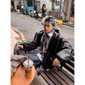 短款连帽皮衣外套男2025新款韩版廓形高级感宽松百搭风衣PU皮夹克图片