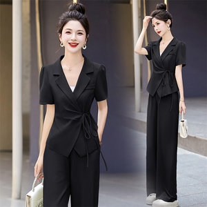 短袖西装阔腿裤两件套女2024夏新款洋气减龄气质干练职业西服套装图片