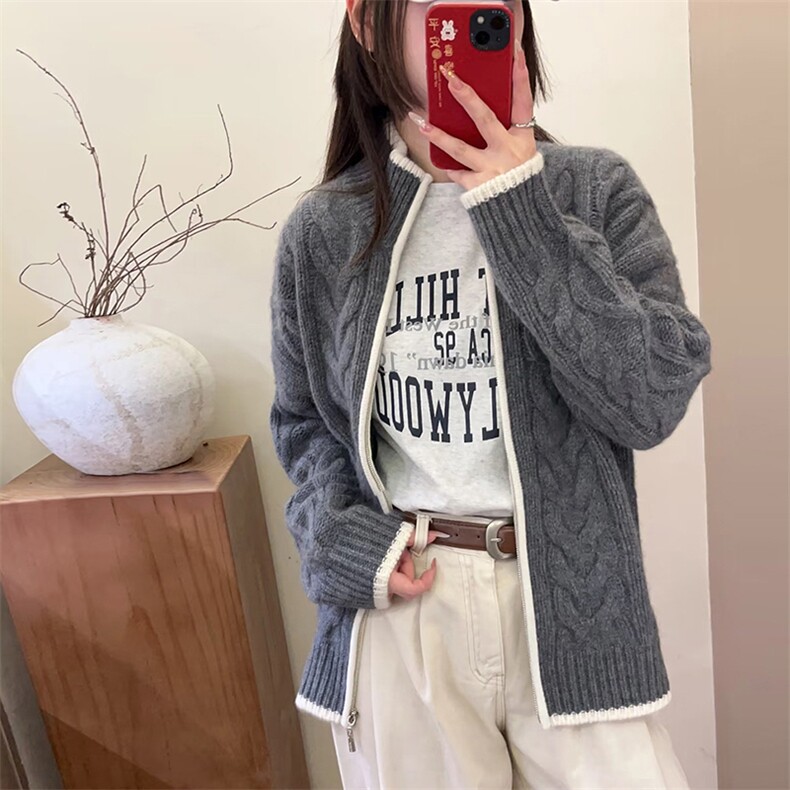 2025年秋季长袖3股加厚撞色时尚百搭通勤开衫,女装羊毛衫,新胜羊绒