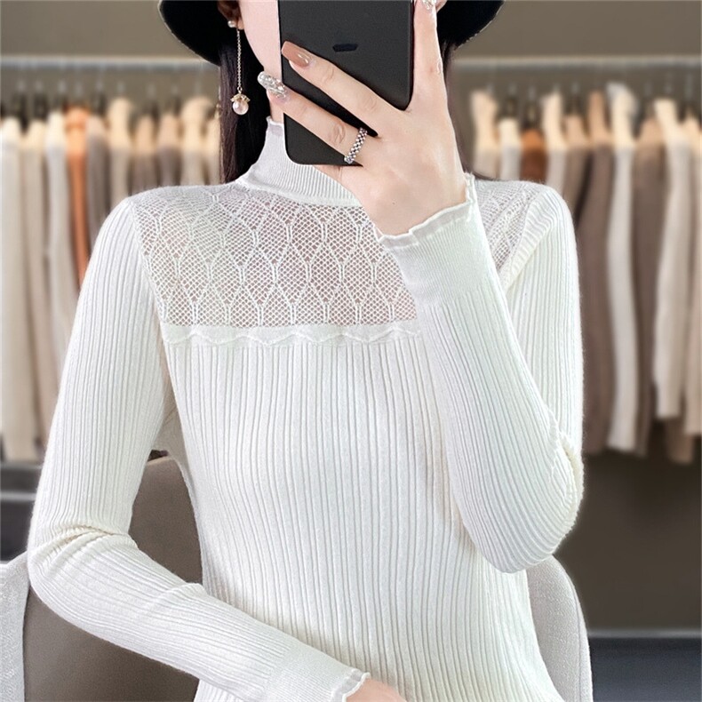 时尚半高领欧根纱拼接针织衫显瘦修身长袖毛衣女款,针织衫/毛衣,暖姿羊绒