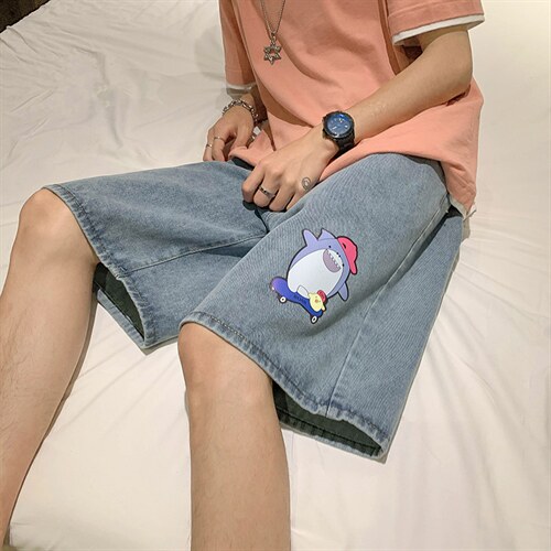 港风直筒休闲牛仔裤浅蓝色印花宽松男短裤D201-DM29-P45图片