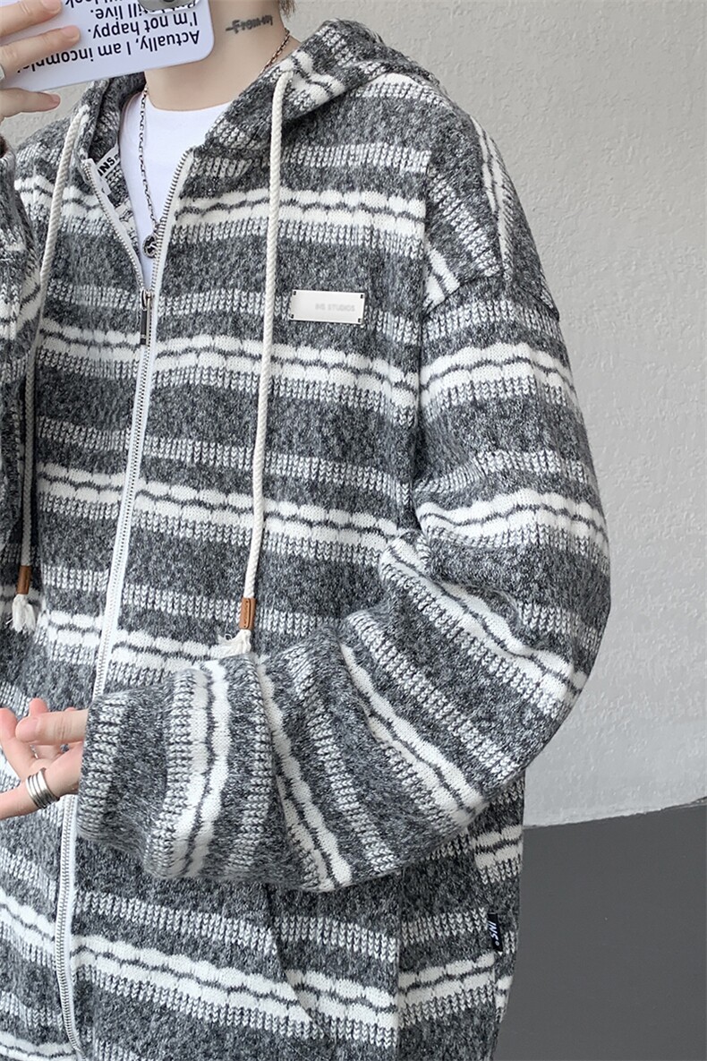 8XL-M潮情侣美式磨毛编织条纹针织衫卫衣宽松拉链外套WY30P88,男装针织衫/毛衣,电商D206-1
